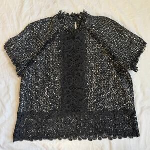 Zara Woman Black Lace Trim Textured Blouse Short Sleeve- M